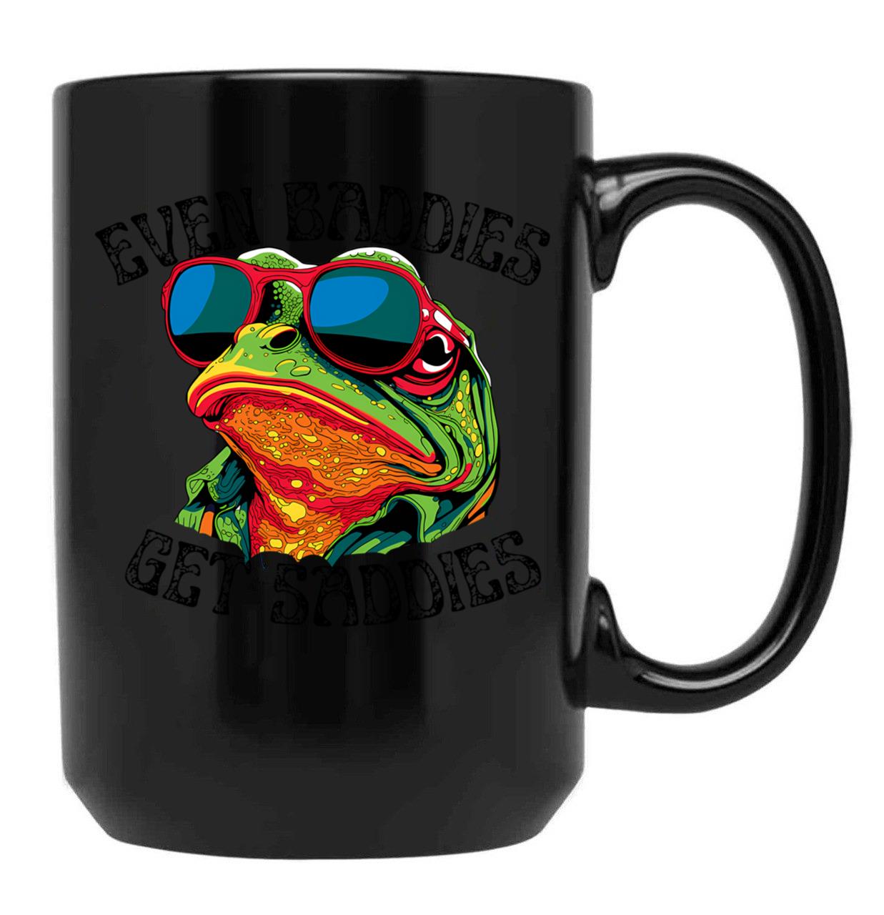 Even Baddies Get Saddies Funny Frog Cute Black Coffee Mug, Gift Coffee Mug