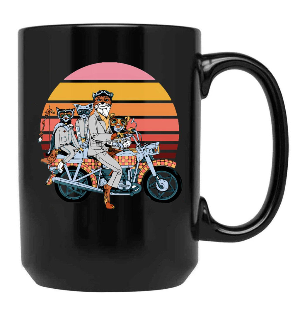 Fantastic Mr. Fox And Family On A Motorbike Black Coffee Mug, Gift Coffee Mug