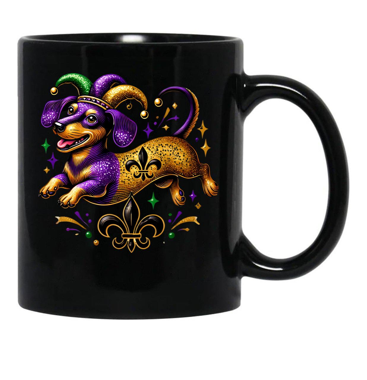 Festive Dachshund Mardi Gras Design With Jester Hat And Fleur-De-Lis Black Coffee Mug, Gift Coffee Mug - Black