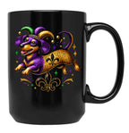 Festive Dachshund Mardi Gras Design With Jester Hat And Fleur-De-Lis Black Coffee Mug, Gift Coffee Mug