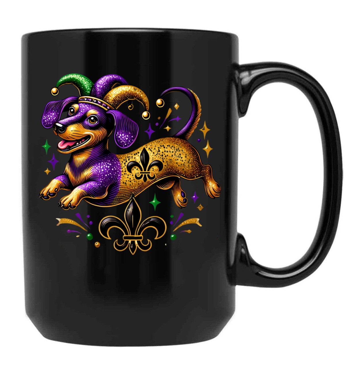 Festive Dachshund Mardi Gras Design With Jester Hat And Fleur-De-Lis Black Coffee Mug, Gift Coffee Mug