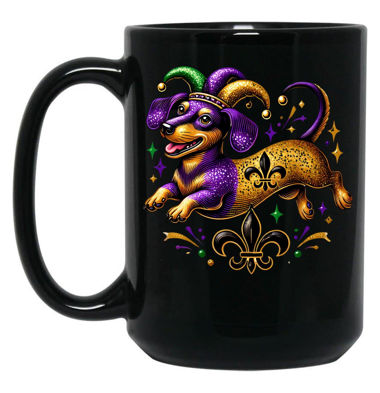 Festive Dachshund Mardi Gras Design With Jester Hat And Fleur-De-Lis Black Coffee Mug, Gift Coffee Mug