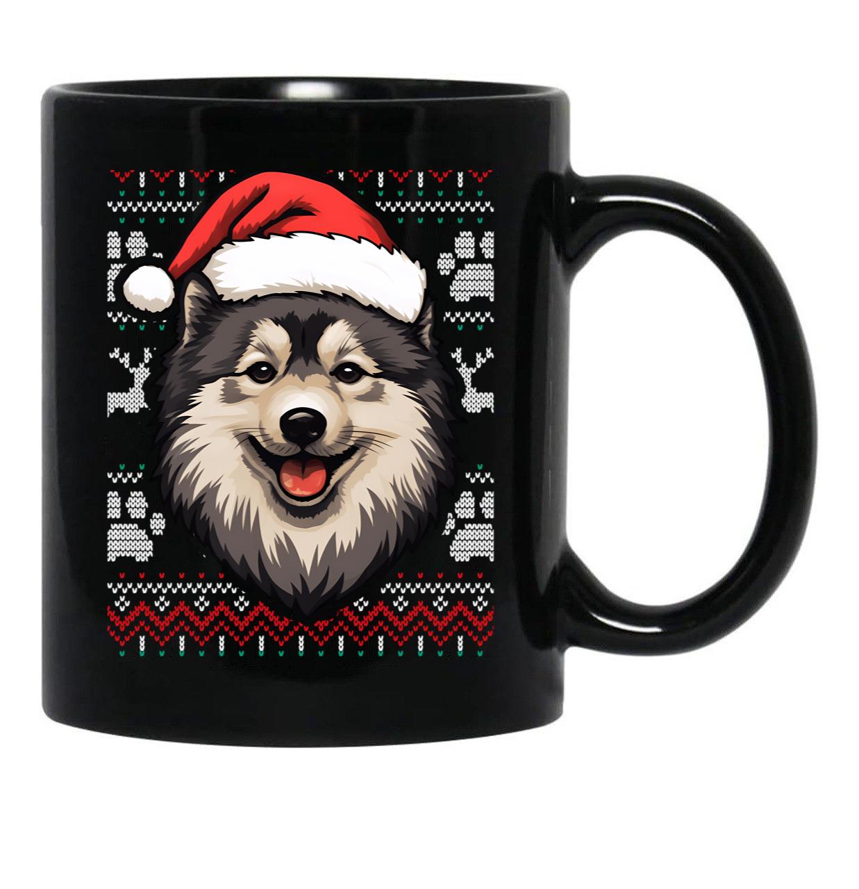 Finnish Lapphund Ugly Sweater Christmas Black Coffee Mug, Gift Coffee Mug - Black