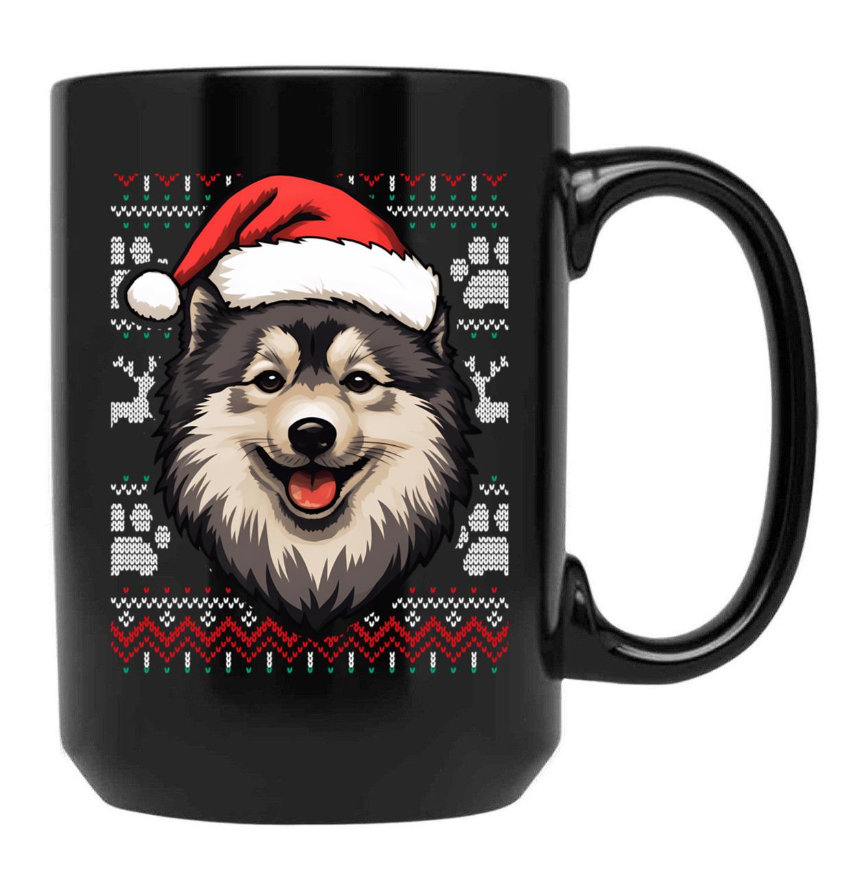 Finnish Lapphund Ugly Sweater Christmas Black Coffee Mug, Gift Coffee Mug