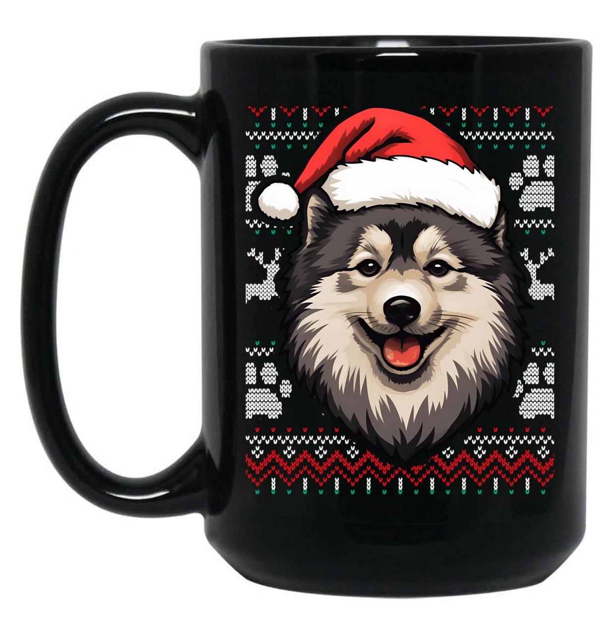Finnish Lapphund Ugly Sweater Christmas Black Coffee Mug, Gift Coffee Mug