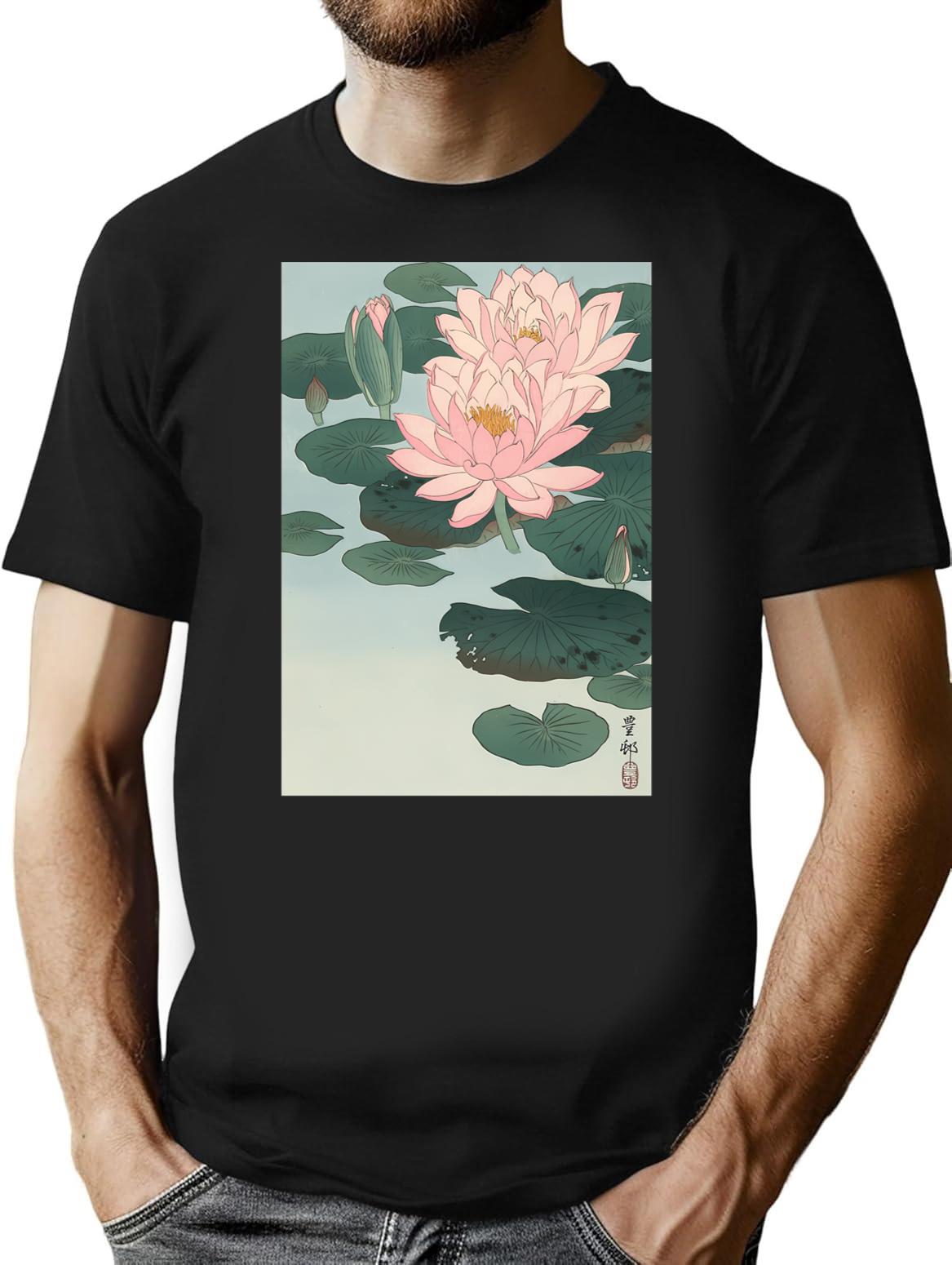 Flowering Water Lily Ohara Koson T-Shirt for Men & Women, T-Shirts Graphic Tee - Black