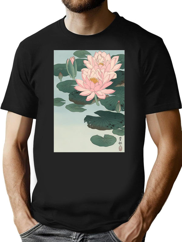 Flowering Water Lily Ohara Koson T-Shirt for Men & Women, T-Shirts Graphic Tee - Black