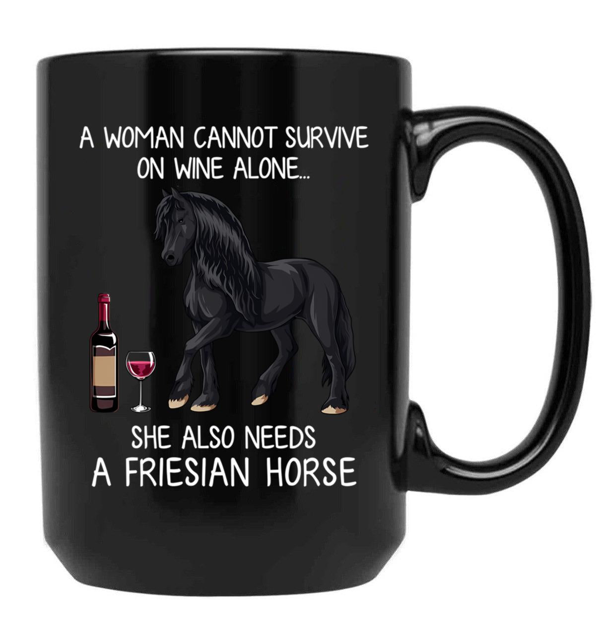 Friesian Horse And Wine Funny Horse Black Coffee Mug, Gift Coffee Mug