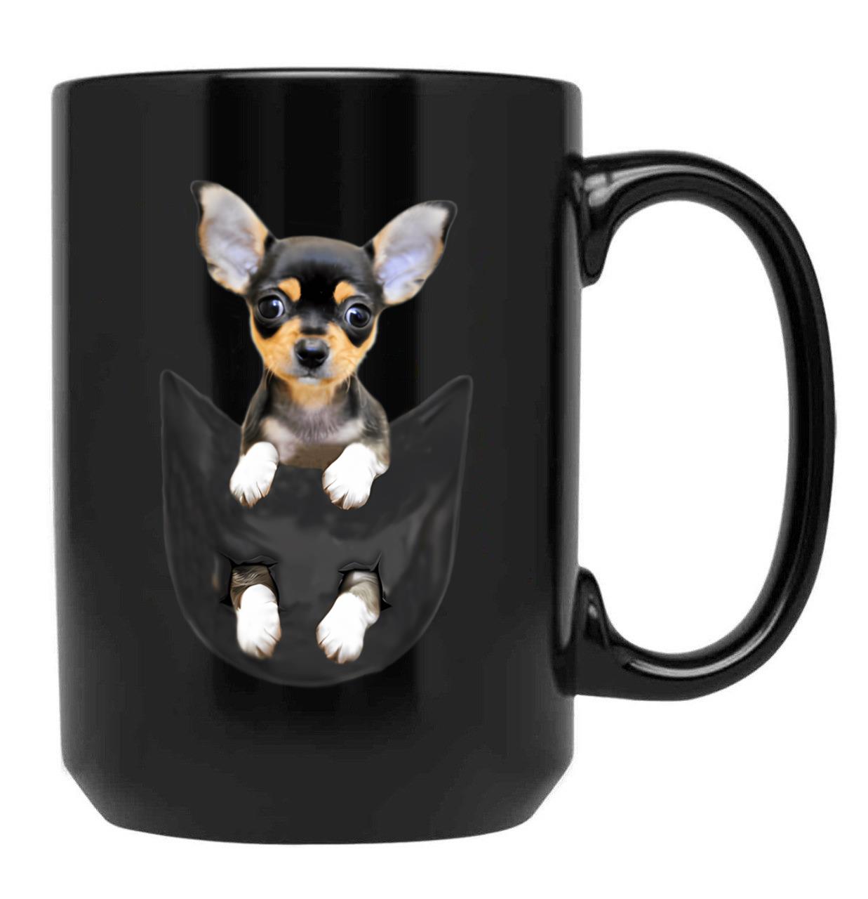 Funny Black Chihuahua In Pocket Black Coffee Mug, Gift Coffee Mug