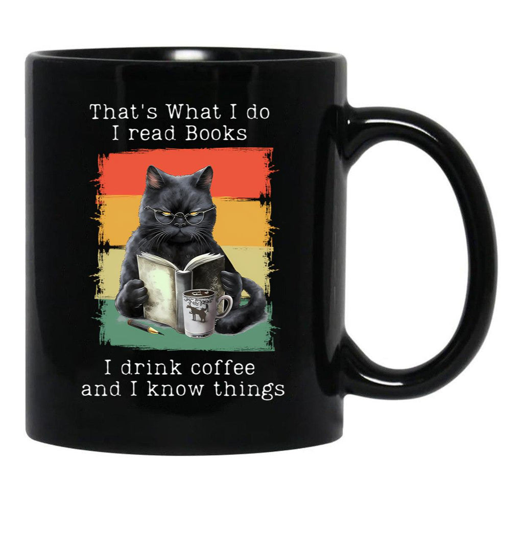 Funny Cat And Books T-Shirt Black Coffee Mug, Gift Coffee Mug - Black