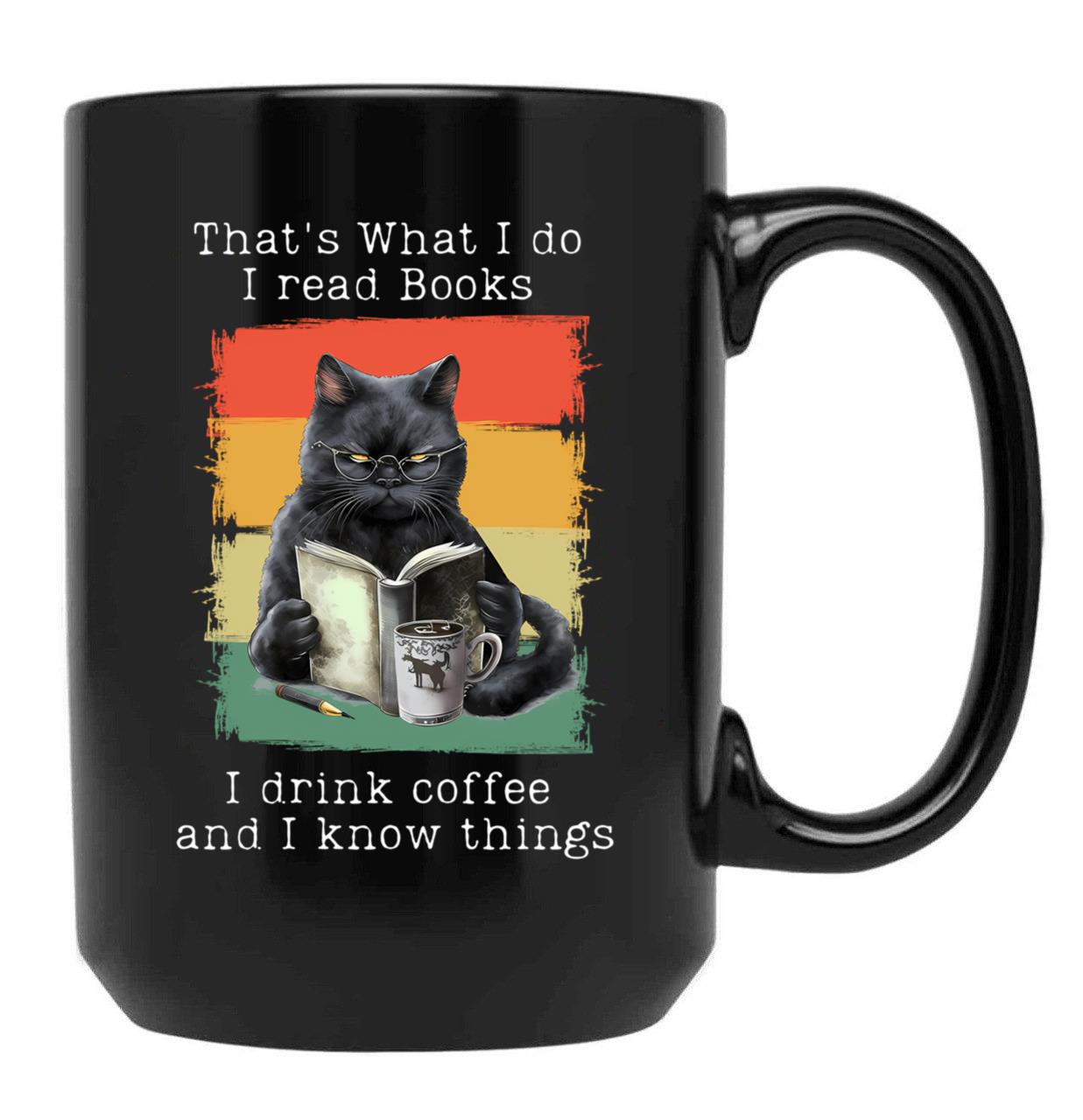 Funny Cat And Books T-Shirt Black Coffee Mug, Gift Coffee Mug