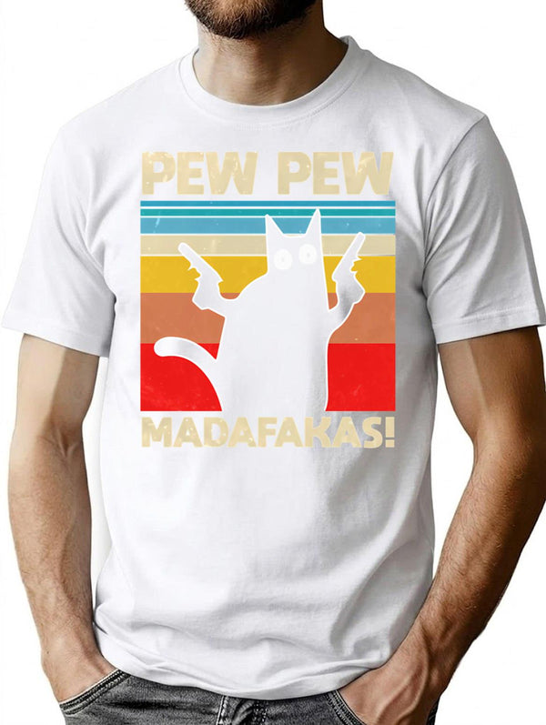 Funny Cat Pew Pew Madafakas Crazy Cat Vintage T-Shirt for Men & Women, T-Shirts Graphic Tee - White
