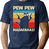 Funny Cat Pew Pew Madafakas Crazy Cat Vintage T-Shirt for Men & Women, T-Shirts Graphic Tee - Navy