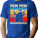 Funny Cat Pew Pew Madafakas Crazy Cat Vintage T-Shirt for Men & Women, T-Shirts Graphic Tee - Blue