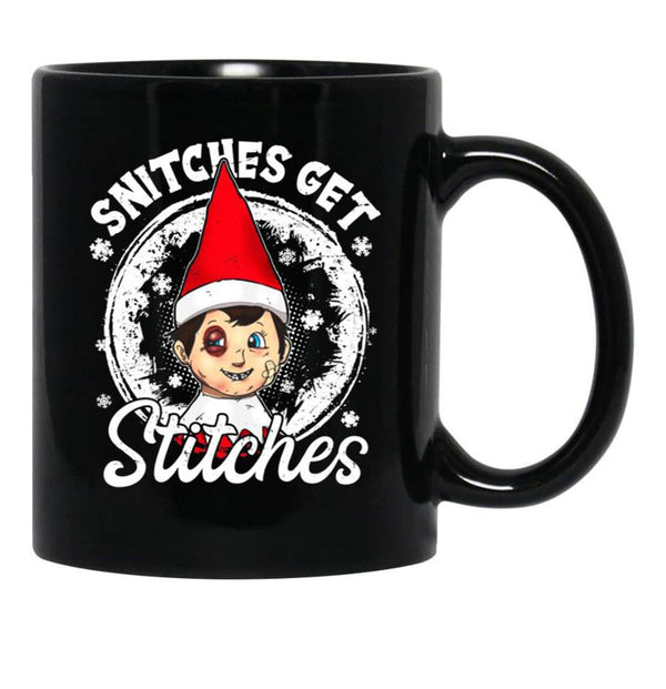 Funny Christmas Snitches Get Stitches Black Coffee Mug, Gift Coffee Mug - Black