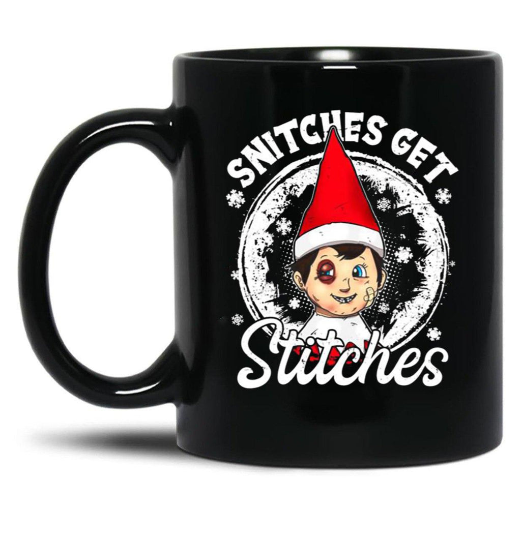 Funny Christmas Snitches Get Stitches Black Coffee Mug, Gift Coffee Mug