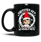 Funny Christmas Snitches Get Stitches Black Coffee Mug, Gift Coffee Mug