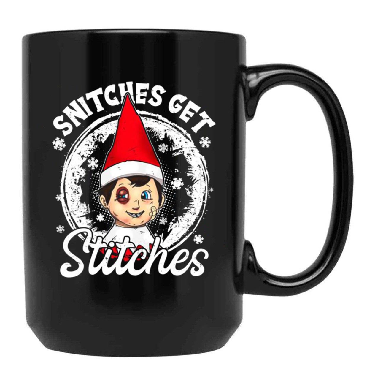Funny Christmas Snitches Get Stitches Black Coffee Mug, Gift Coffee Mug