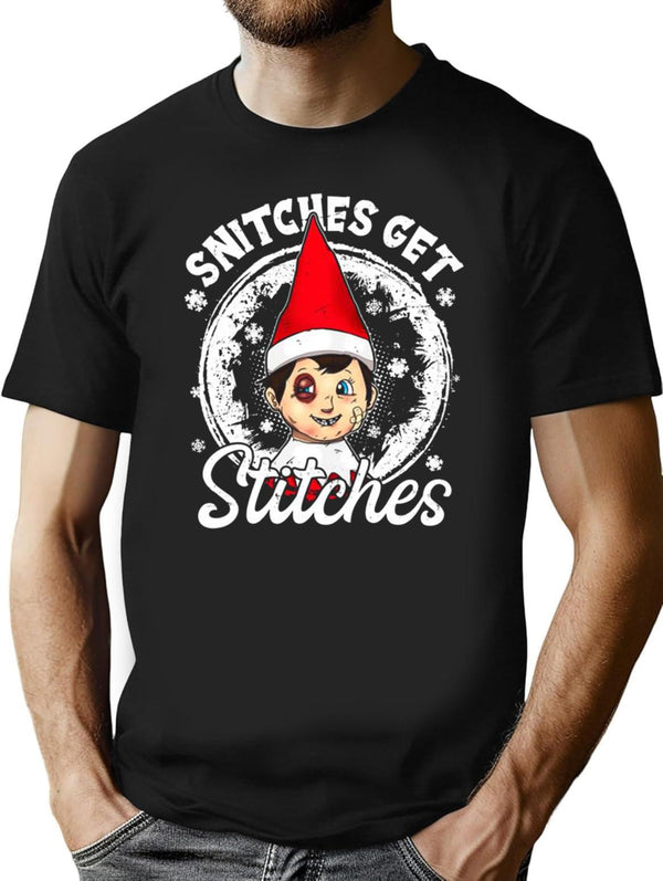 Funny Christmas Snitches Get Stitches Premium Heavyweight Cotton T-Shirt - Black
