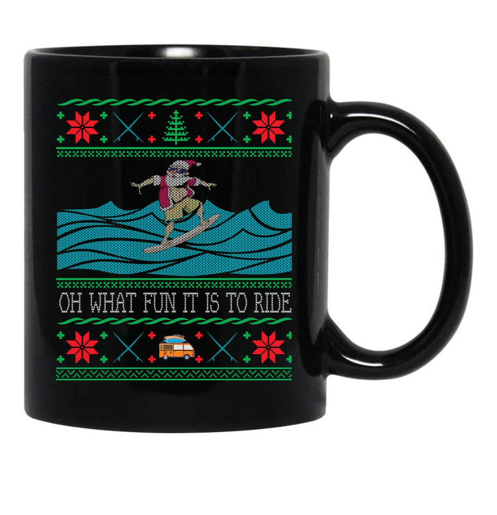 Funny Christmas Surfing Santa Hawaiian Ugly Christmas Black Coffee Mug, Gift Coffee Mug - Black