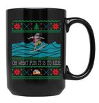 Funny Christmas Surfing Santa Hawaiian Ugly Christmas Black Coffee Mug, Gift Coffee Mug