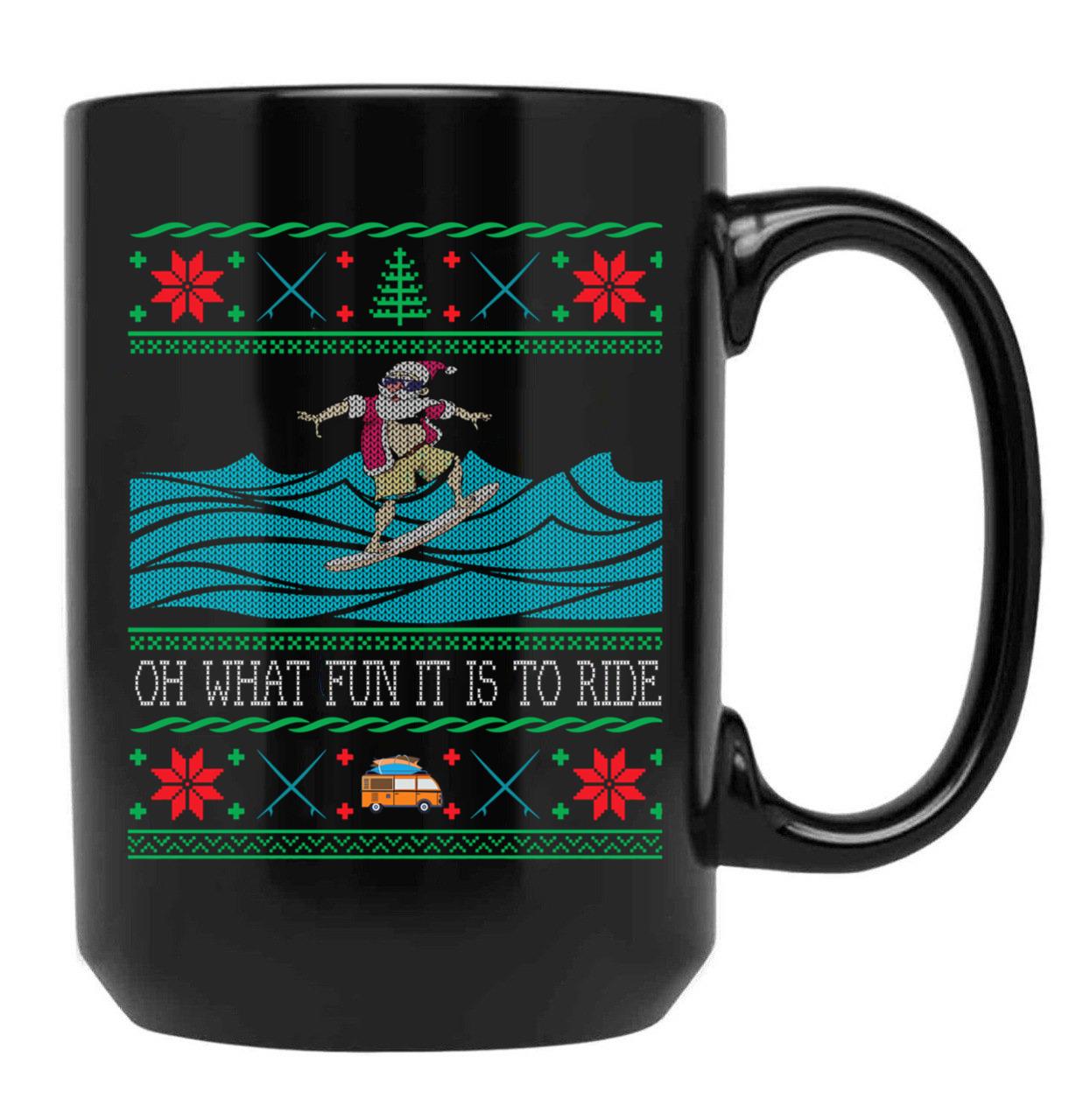 Funny Christmas Surfing Santa Hawaiian Ugly Christmas Black Coffee Mug, Gift Coffee Mug