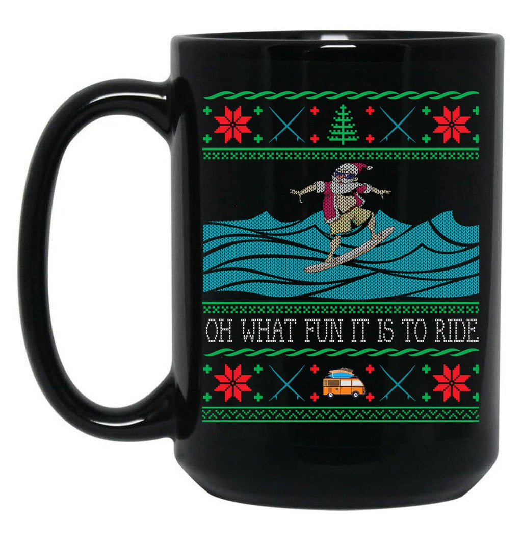 Funny Christmas Surfing Santa Hawaiian Ugly Christmas Black Coffee Mug, Gift Coffee Mug