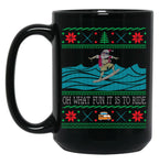Funny Christmas Surfing Santa Hawaiian Ugly Christmas Black Coffee Mug, Gift Coffee Mug
