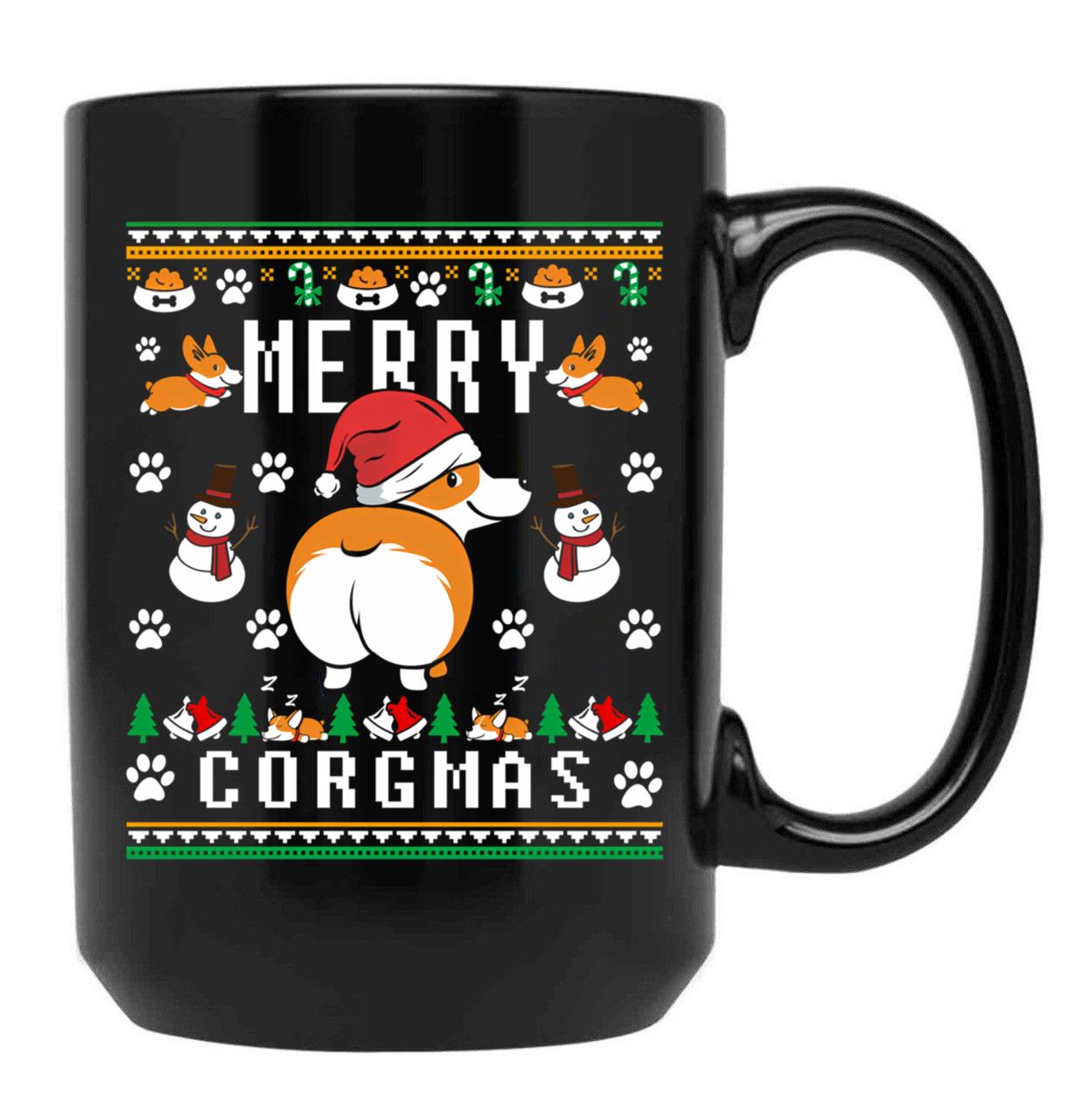 Funny Corgi Lover Ugly Christmas Sweater Black Coffee Mug, Gift Coffee Mug