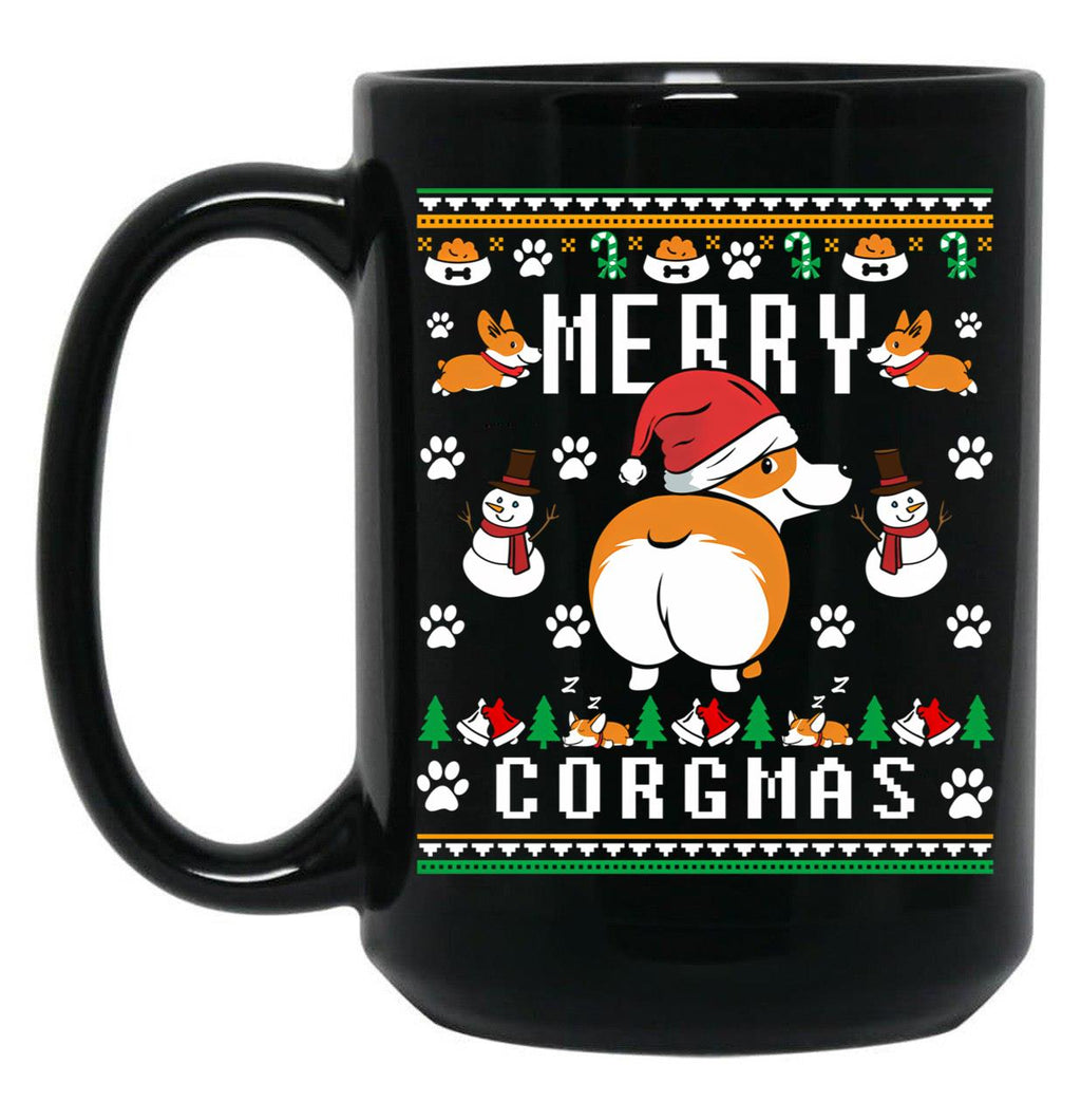 Funny Corgi Lover Ugly Christmas Sweater Black Coffee Mug, Gift Coffee Mug
