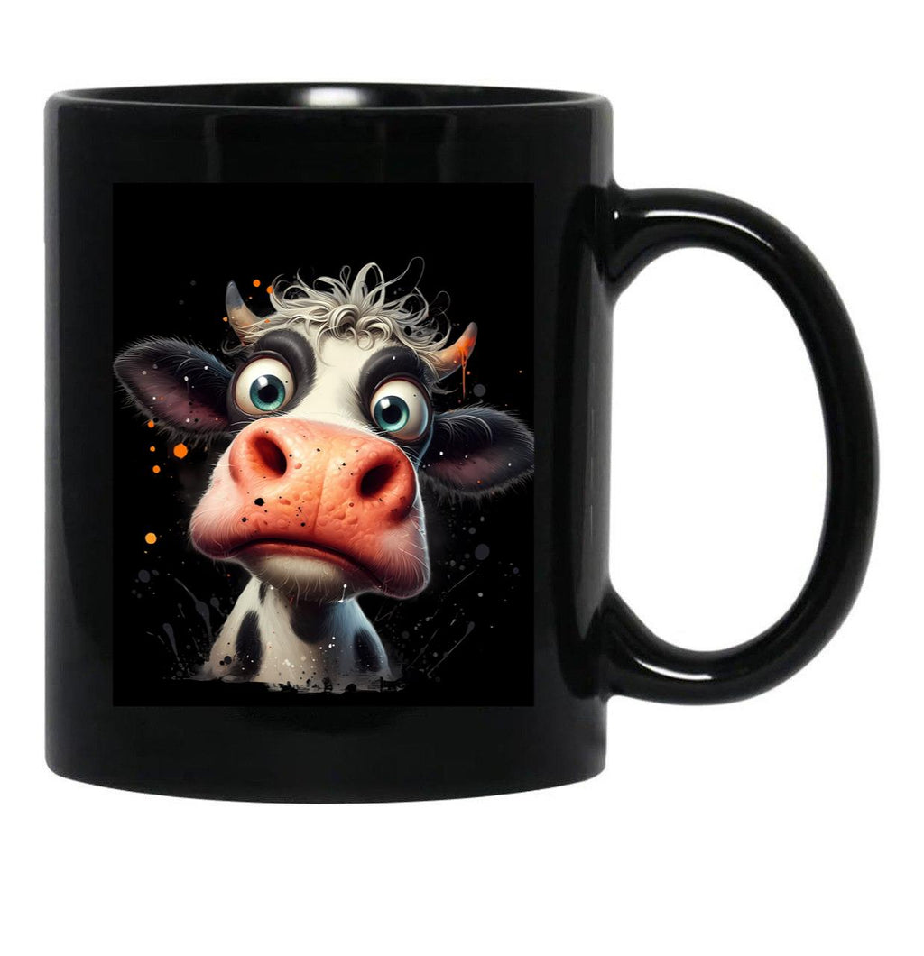 Funny Cow Big Eyes Portrait Black Coffee Mug, Gift Coffee Mug - Black