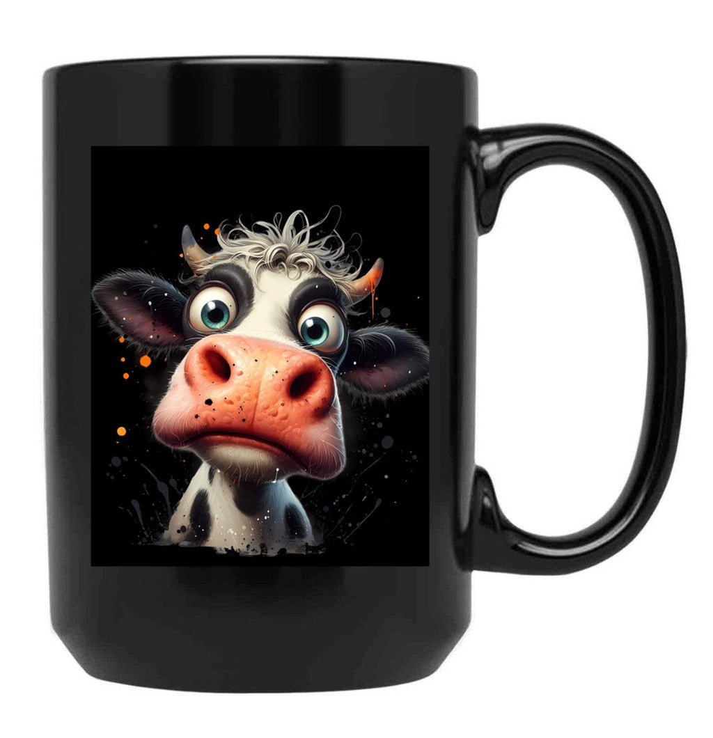 Funny Cow Big Eyes Portrait Black Coffee Mug, Gift Coffee Mug