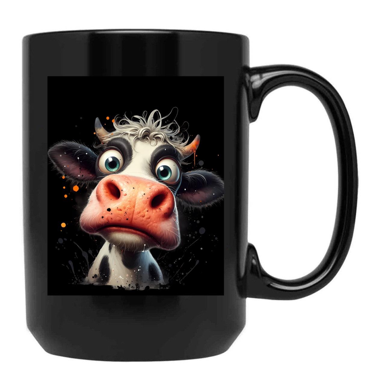 Funny Cow Big Eyes Portrait Black Coffee Mug, Gift Coffee Mug
