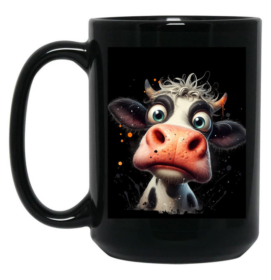 Funny Cow Big Eyes Portrait Black Coffee Mug, Gift Coffee Mug