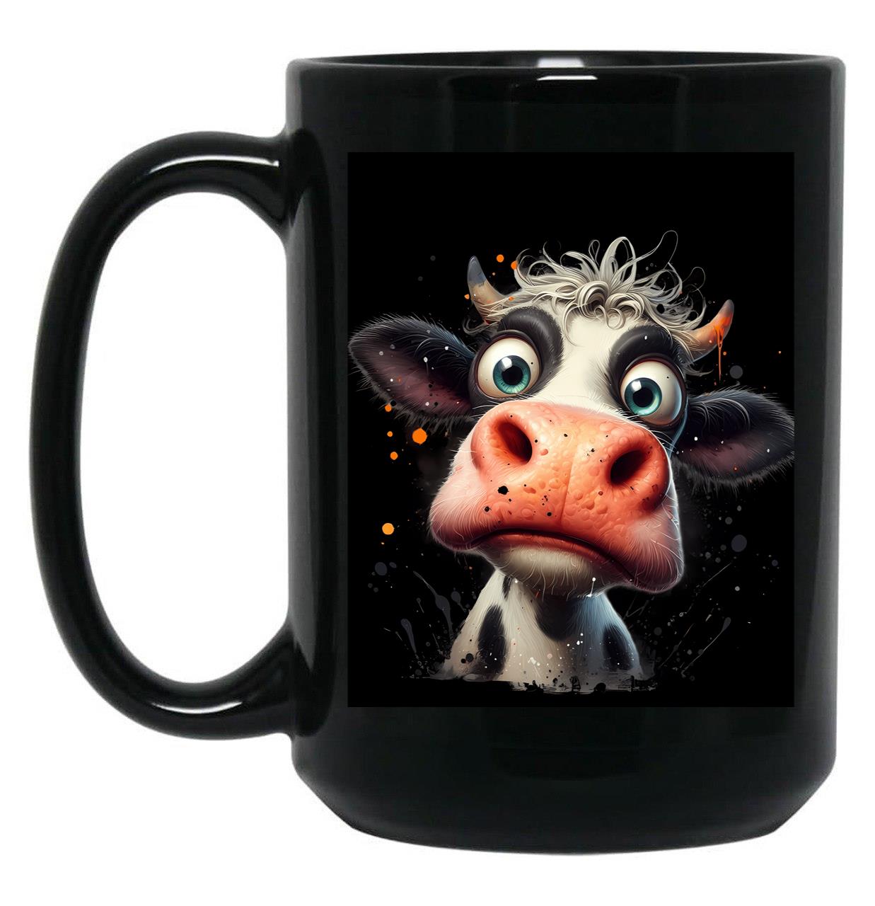 Funny Cow Big Eyes Portrait Black Coffee Mug, Gift Coffee Mug