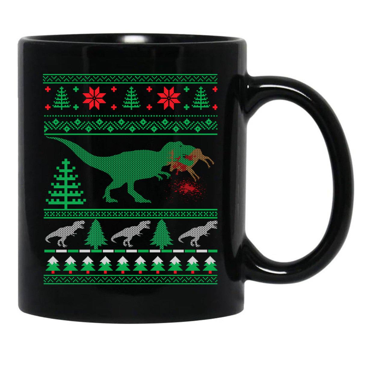 Funny Dinosaur T-Rex Eating Reindeer Tree Rex Ugly Christmas Sweater Black Coffee Mug, Gift Coffee Mug - Black