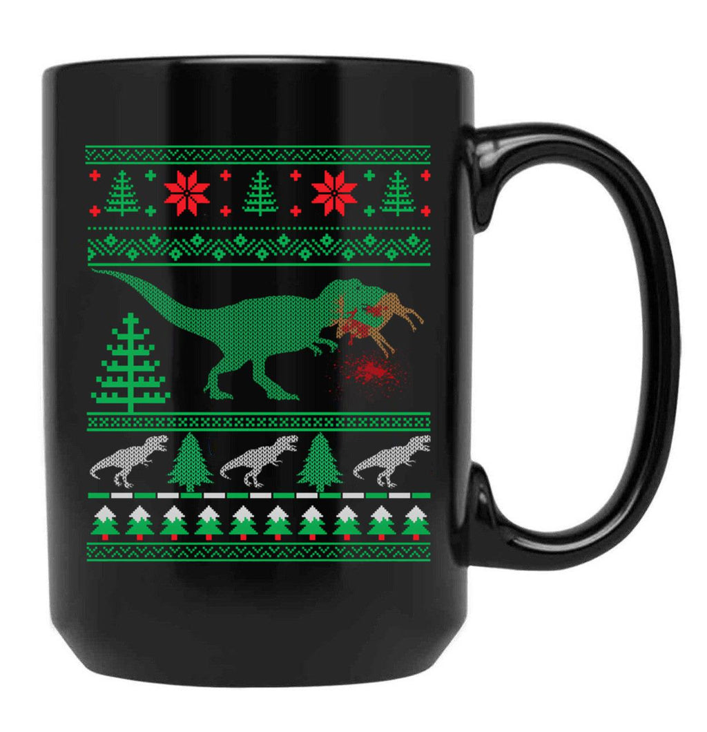 Funny Dinosaur T-Rex Eating Reindeer Tree Rex Ugly Christmas Sweater Black Coffee Mug, Gift Coffee Mug