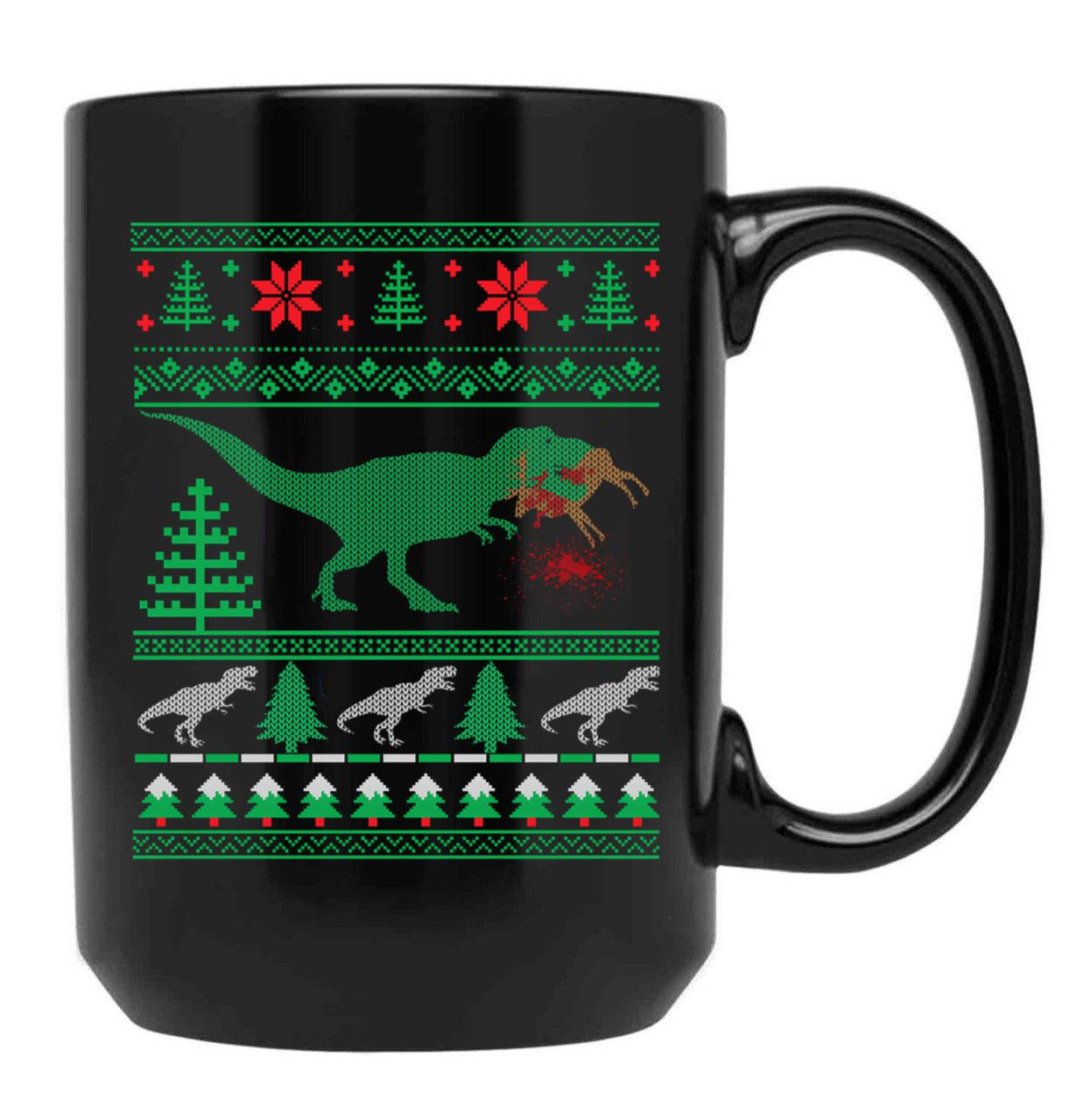 Funny Dinosaur T-Rex Eating Reindeer Tree Rex Ugly Christmas Sweater Black Coffee Mug, Gift Coffee Mug