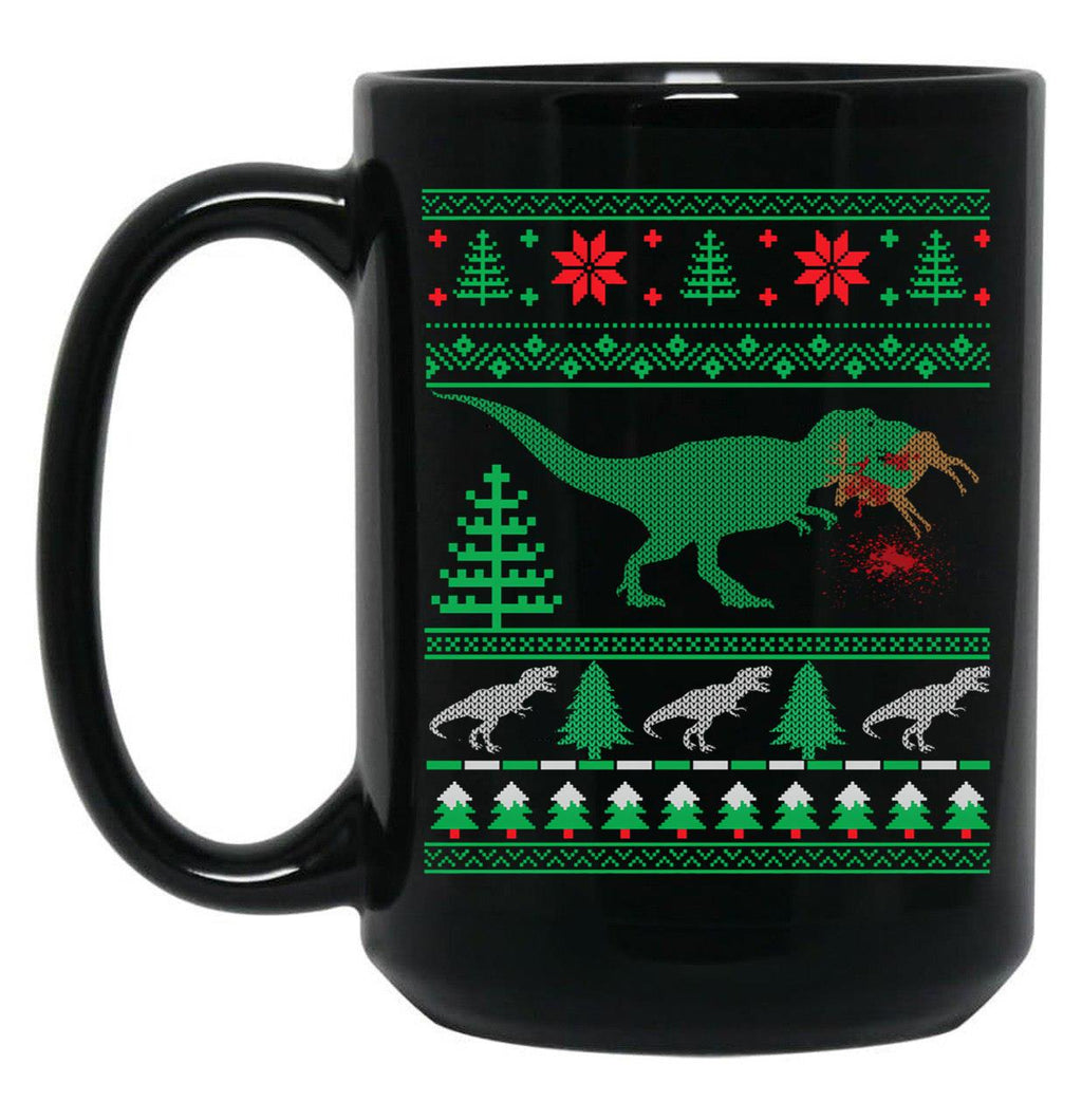 Funny Dinosaur T-Rex Eating Reindeer Tree Rex Ugly Christmas Sweater Black Coffee Mug, Gift Coffee Mug
