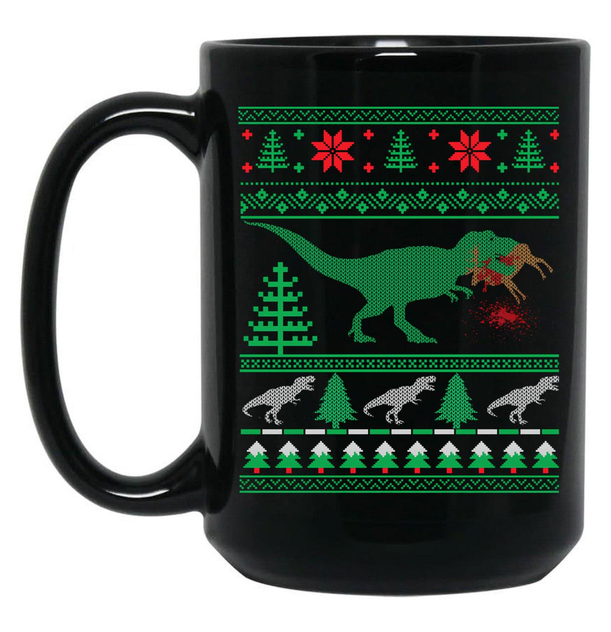 Funny Dinosaur T-Rex Eating Reindeer Tree Rex Ugly Christmas Sweater Black Coffee Mug, Gift Coffee Mug