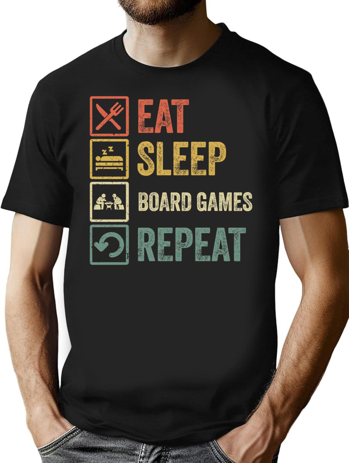 Funny Eat Sleep Board Games Repeat Retro Vintage T-Shirt for Men & Women, T-Shirts Graphic Tee - Black