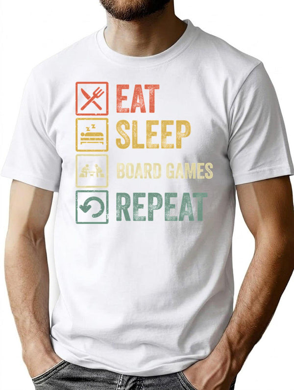 Funny Eat Sleep Board Games Repeat Retro Vintage T-Shirt for Men & Women, T-Shirts Graphic Tee - White