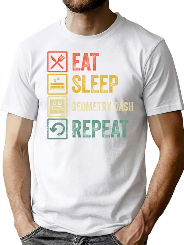 Funny Eat Sleep Geometry Dash Repeat Retro Vintage T-Shirt for Men & Women, T-Shirts Graphic Tee - White
