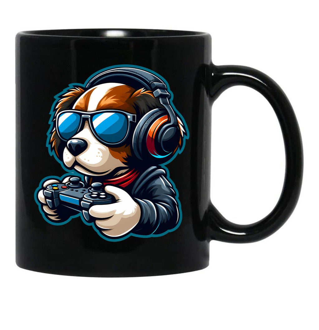 Funny Gamer Dog In Sunglasses And Headphones Black Coffee Mug, Gift Coffee Mug - Black