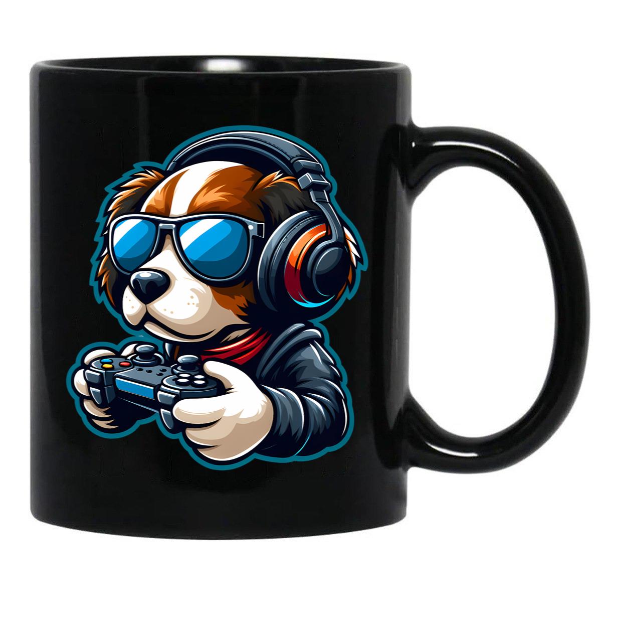 Funny Gamer Dog In Sunglasses And Headphones Black Coffee Mug, Gift Coffee Mug - Black