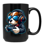 Funny Gamer Dog In Sunglasses And Headphones Black Coffee Mug, Gift Coffee Mug