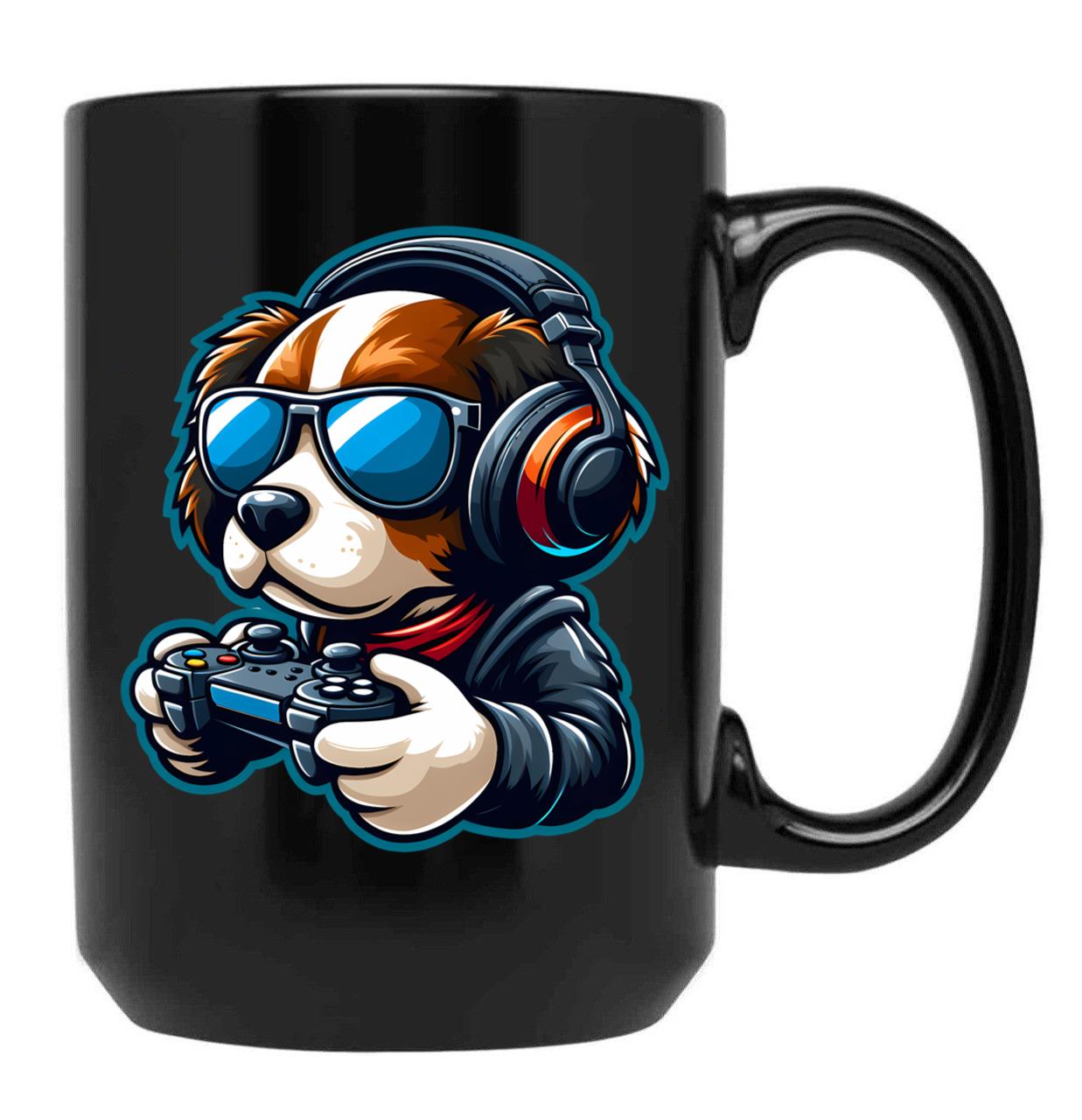 Funny Gamer Dog In Sunglasses And Headphones Black Coffee Mug, Gift Coffee Mug