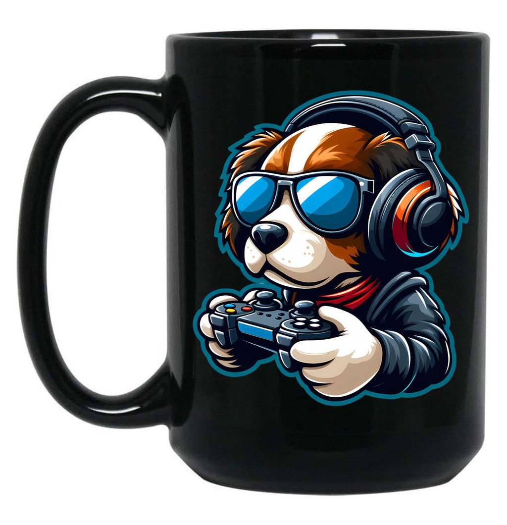 Funny Gamer Dog In Sunglasses And Headphones Black Coffee Mug, Gift Coffee Mug