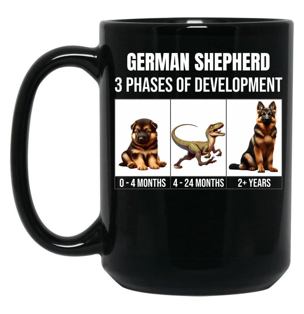 Funny German Shepherd 3 Phases Of Development Black Coffee Mug, Gift Coffee Mug