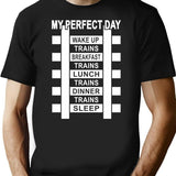 Funny Railroad Locomotive Train Lover Gift 'My Perfect Day' Trains T-Shirt for Men & Women, T-Shirts Graphic Tee - Black
